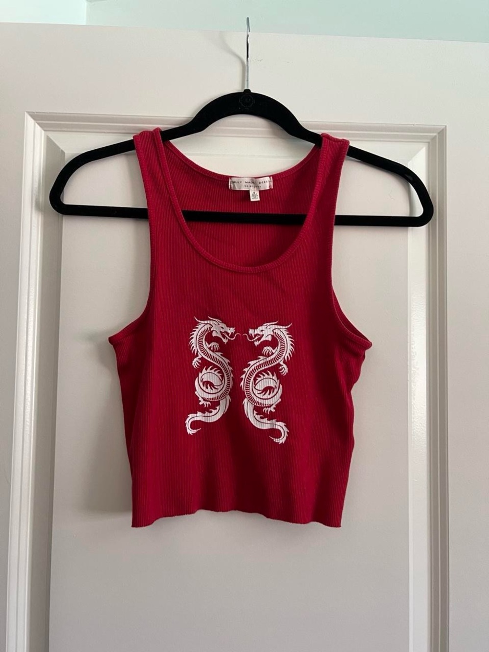 Truly Madly Deeply Red Ribbed Tank with White Dragon Graphic